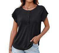 GRACE KARIN Women's Casual Short Sleeve T Shirt Crew Neck Half Placket Button-Down Top Lightweight Summer Blouse Breathable Pullover Black M