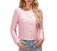 GRACE KARIN Women's Chunky Cropped Cardigan Long Sleeve Crew Neck Knitwear Summer Sweater Cardigans for Winter Pink XL