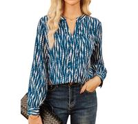 GRACE KARIN Women's Classic Loose-Fitting Blouse Lantern Sleeves V-Neck Blouse for Work Office Blue Green XL