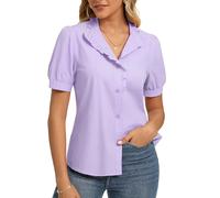 GRACE KARIN Women's Cotton Button Shirt Elagent Ruffled Stand Collar Top Dressy Short Puff Sleeve Blouse Light Purple M