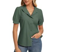 GRACE KARIN Women's Cotton Button Shirt Elagent Ruffled Stand Collar Top Dressy Short Puff Sleeve Blouse Olive Green XXL