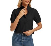 GRACE KARIN Women's Cotton Button Shirt Elagent Ruffled Stand Collar Top Dressy Short Puff Sleeve Blouse Black L