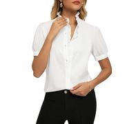 GRACE KARIN Women's Cotton Button Shirt Elagent Ruffled Stand Collar Top Dressy Short Puff Sleeve Blouse White M