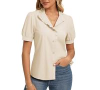 GRACE KARIN Women's Cotton Button Shirt Elagent Ruffled Stand Collar Top Dressy Short Puff Sleeve Blouse Apricot M