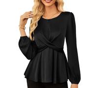 GRACE KARIN Women's Crew Neck Tunic Tops Long Sleeve Satin Blouses for Business Work Black XL