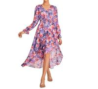 GRACE KARIN Women's Dresses Summer A-Line Long Sleeve Floral Dress Elastic Waist Elegant Wedding Guest Dresses Irregular Purple-Red Flower L