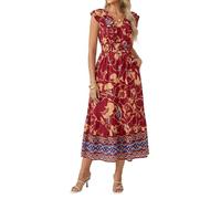 GRACE KARIN Women's Elastic Waist V-Neck Ruffle Sleeve A-Line Dress with Pocket Casual Summer Floral Print Dress Red XL
