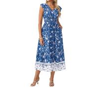 GRACE KARIN Women's Elastic Waist V-Neck Ruffle Sleeve A-Line Dress with Pocket Casual Summer Floral Print Dress Blue XXL
