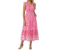 GRACE KARIN Women's Elastic Waist V-Neck Ruffle Sleeve A-Line Dress with Pocket Casual Summer Floral Print Dress Pink M