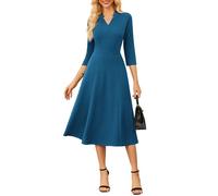 GRACE KARIN Women's Elegant A-Line Pleated Midi Cocktail Dress V-Neck Office Dress Peacock Blue S