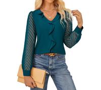 GRACE KARIN Women's Elegant Blouse Semi Sheer Long Sleeve Office Work Tops | V-neck, Scalloped Trim, Sheer Textured Sleeves Blouses, Lightweight, Soft, Business Casual Weekend Chic Shirts