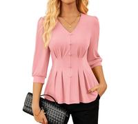 GRACE KARIN Women's Elegant Blouse Shirt V-Neck 3/4 Lantern Sleeve Shirt Pleated Stretch Knit Blouse Tops for Office Work