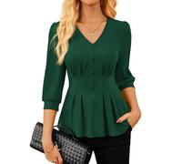 GRACE KARIN Women's Elegant Blouse Shirt V-Neck 3/4 Lantern Sleeve Shirt Pleated Stretch Knit Blouse Tops for Office Work
