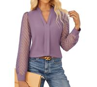 GRACE KARIN Women's Elegant Blouse Textured Semi-Sheer Sleeves Office Work Shirt Classic Henry V Neck Tops Light Purple L
