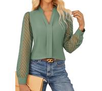 GRACE KARIN Women's Elegant Blouse Textured Semi-Sheer Sleeves Office Work Shirt Classic Henry V Neck Tops Light Green M