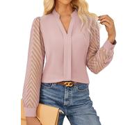 GRACE KARIN Women's Elegant Blouse Textured Semi-Sheer Sleeves Office Work Shirt Classic Henry V Neck Tops Light Pink XL