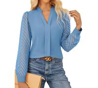 GRACE KARIN Women's Elegant Blouse Textured Semi-Sheer Sleeves Office Work Shirt Classic Henry V Neck Tops Sky Blue L
