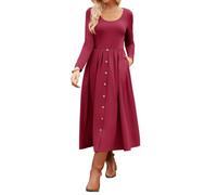 GRACE KARIN Women's Elegant Midi Dress Long Sleeve U Neck A-Line Dress Red Wine L