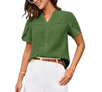 GRACE KARIN Women's Elegant Office Henley V-Neck Top Button-Up Summer Flowy Short Petal Sleeve Blouse Olive Green S