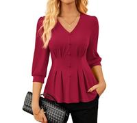 GRACE KARIN Women's Elegant Shirt Blouse Autumn V-Neck Tops Casual Stretch Pleated Lantern Sleeve Blouse Wine Red S