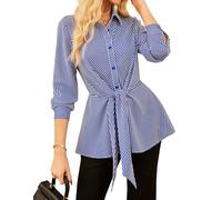 GRACE KARIN Women's Elegant Striped Shirt Long Sleeve Button Down Tops Casual Lapel Collar Belted Peplum Blouse Blue XL