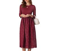 GRACE KARIN Women's Eyelet Embroidered Dress Elegant Formal Dress for Work Office 3/4 Sleeve Flared A-Line Dress Wine Red XXL
