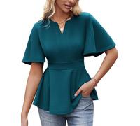 GRACE KARIN Women's Fashion Solid Slim Fit Blouses Summer V Neck Ruffle Sleeve Vest Peacock Blue M