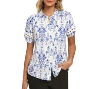GRACE KARIN Women's Floral Boho Shirt Lace Ruffle Stand Collar Blouse Spring Summer Vacation Top Blue L