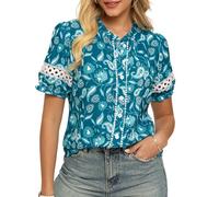 GRACE KARIN Women's Floral Boho Shirt Lace Ruffle Stand Collar Blouse Spring Summer Vacation Top Blue Green M