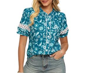 GRACE KARIN Women's Floral Boho Shirt Lace Ruffle Stand Collar Blouse Spring Summer Vacation Top Blue Green M
