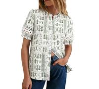 GRACE KARIN Women's Floral Boho Shirt Lace Ruffle Stand Collar Blouse Spring Summer Vacation Top Green M