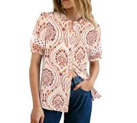 GRACE KARIN Women's Floral Boho Shirt Lace Ruffle Stand Collar Blouse Spring Summer Vacation Top Orange XXL