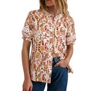 GRACE KARIN Women's Floral Boho Shirt Lace Ruffle Stand Collar Blouse Spring Summer Vacation Top Red Orange L