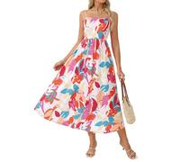 GRACE KARIN Women's Floral Maxi Dress for Summer in Modal, Adjustable Straps & Side Pockets, Sleeveless Casual Dress Pink Orange Floral on White S