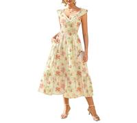GRACE KARIN Womens Floral Summer Dress Pockets, V-Neck Ruffled Sleeves Smocked A-Line Dresses for Women UK, Wedding Guest Holiday Dresses Boho Beach Beige-Orange Floral XL