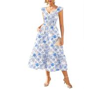 GRACE KARIN Womens Floral Summer Dress Pockets, V-Neck Ruffled Sleeves Smocked A-Line Dresses for Women UK, Wedding Guest Holiday Dresses Boho Beach White-Blue Floral L