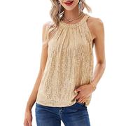 GRACE KARIN Women's Glitter Sequins Tops Halter Neck Slim Fit Sleeveless Evening Party Tops Champaign Gold XL