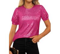 GRACE KARIN Women's Glitter Tops Short Sleeve Round Neck Sequin Sweater Party Prom Neon Tank Tops Rose Red M