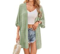 GRACE KARIN Women's Hollow Crochet Summer Cardigan Open Front Batwing Sleeves Boho Kimono Cardigans Loose Fit Knitwear for Vacation Gray Green L