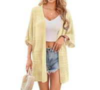 GRACE KARIN Women's Hollow Crochet Summer Cardigan Open Front Batwing Sleeves Boho Kimono Cardigans Loose Fit Knitwear for Vacation Creamy Yellow XXL