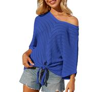 GRACE KARIN Womens Lace Crochet Sweaters Cute Summer Outfits Tops Crochet Beachwear V Neck Batwing Sleeve Sapphire 2XL