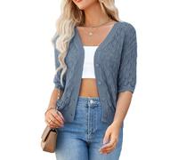 GRACE KARIN Women's Lightweight Crochet Cardigan Button Down, V-Neck Short Sleeve Summer Cardigans for Women UK, Ladies Knitted Cropped Bolero Cardigans Grey Blue XXL