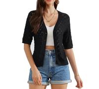 GRACE KARIN Women's Lightweight Crochet Cardigan Button Down, V-Neck Short Sleeve Summer Cardigans for Women UK, Ladies Knitted Cropped Bolero Cardigans Black XXL