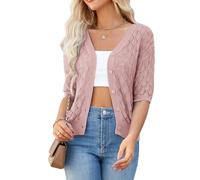 GRACE KARIN Women's Lightweight Crochet Cardigan Button Down, V-Neck Short Sleeve Summer Cardigans for Women UK, Ladies Knitted Cropped Bolero Cardigans Grey Pink S