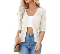 GRACE KARIN Women's Lightweight Crochet Cardigan Button Down, V-Neck Short Sleeve Summer Cardigans for Women UK, Ladies Knitted Cropped Bolero Cardigans White XXL