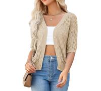 GRACE KARIN Women's Lightweight Crochet Cardigan Button Down, V-Neck Short Sleeve Summer Cardigans for Women UK, Ladies Knitted Cropped Bolero Cardigans Apricot XXL