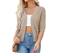GRACE KARIN Women's Lightweight Crochet Cardigan Button Down, V-Neck Short Sleeve Summer Cardigans for Women UK, Ladies Knitted Cropped Bolero Cardigans Khaki L