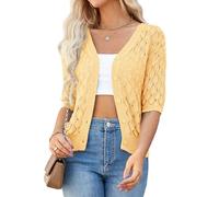 GRACE KARIN Women's Lightweight Crochet Cardigan Button Down, V-Neck Short Sleeve Summer Cardigans for Women UK, Ladies Knitted Cropped Bolero Cardigans Yellow S