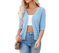 GRACE KARIN Women's Lightweight Crochet Cardigan Button Down, V-Neck Short Sleeve Summer Cardigans for Women UK, Ladies Knitted Cropped Bolero Cardigans Light Blue L