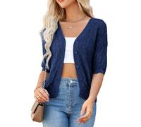 GRACE KARIN Women's Lightweight Crochet Cardigan Button Down, V-Neck Short Sleeve Summer Cardigans for Women UK, Ladies Knitted Cropped Bolero Cardigans Navy Blue M